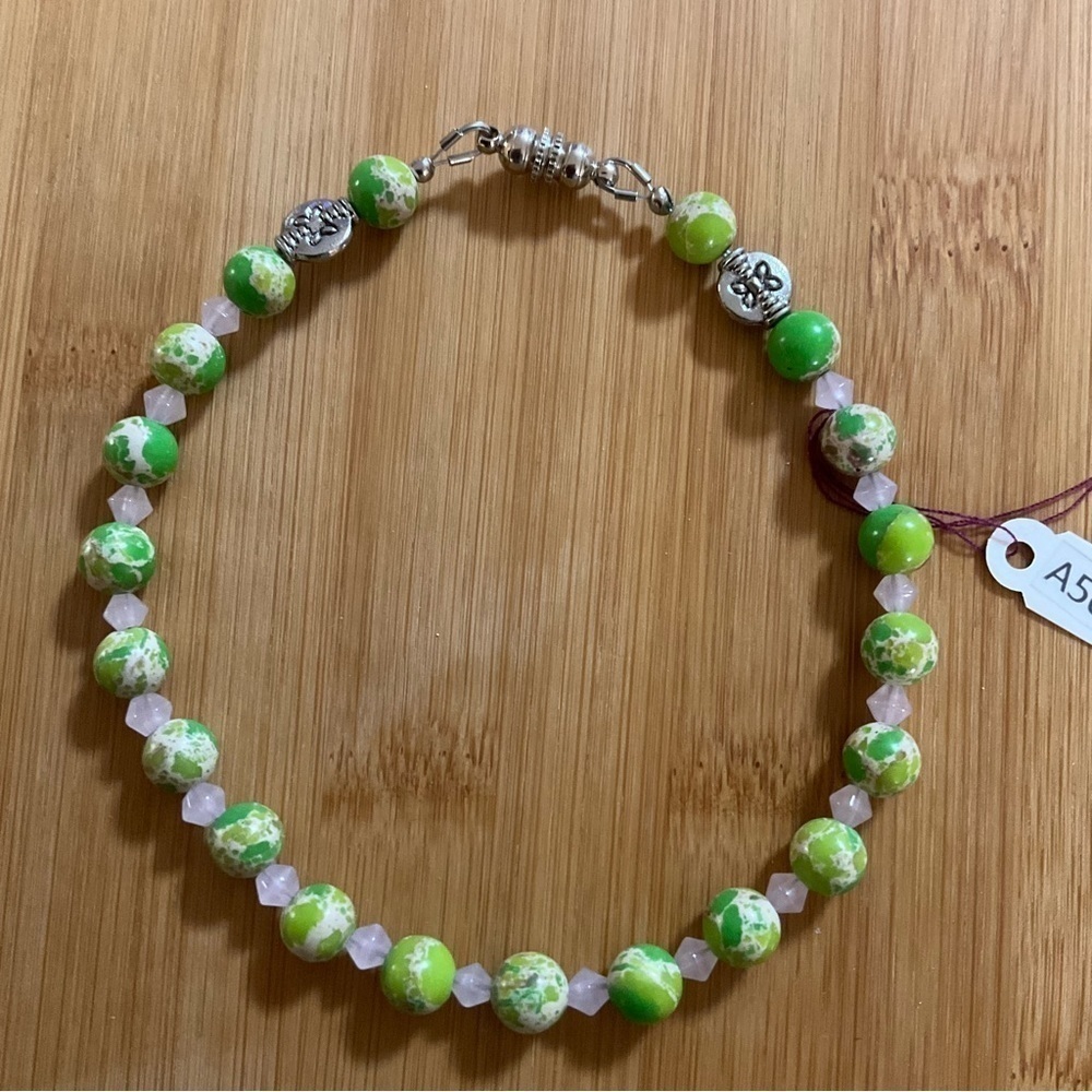 Hand Crafted Ankle Bracelet Gemstone Green Pink Silver Anklet Magnetic Clasp - Picture 5 of 5